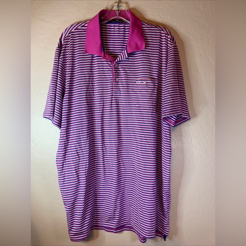 RLX Ralph Lauren Size XL Men's Polo Shirt Wicking Pink Blue‎ Striped Golf 0887